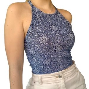 FB Sister Blue Crop Top or swim Yoga top racer sleeveless